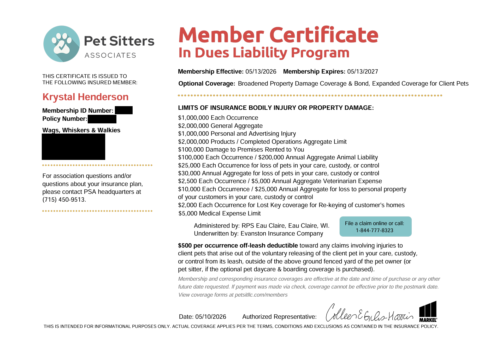Pet Sitter Insurance Certificate